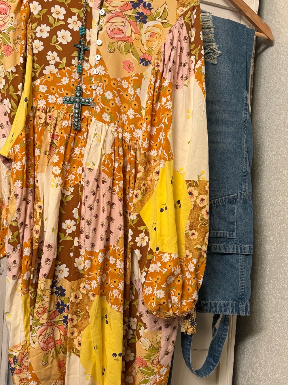 Floral Patchwork Boho Dress in Yellow, Pink & Brown - Picture 4 of 4